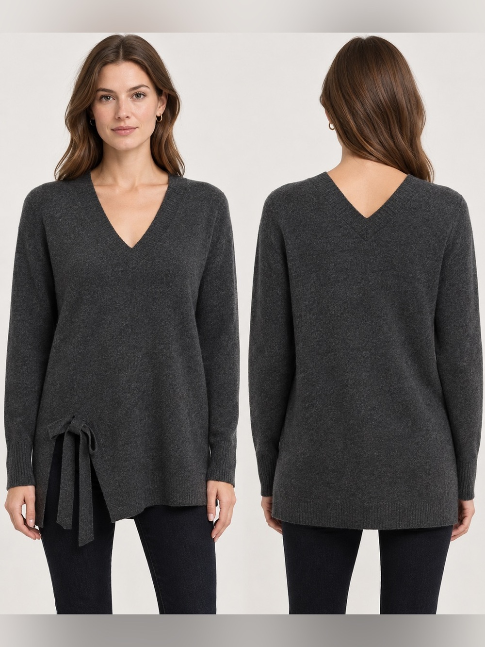 InCashmere Cashmere Long Sweater Gray V-Neck Tie Split Hem Relaxed Fit size S